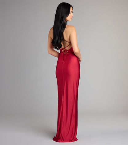 Natalie Cowl Neck Lace-Up Slit Column Dress