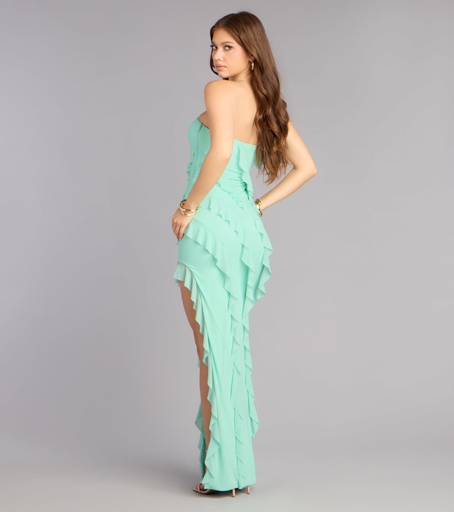 Gabby Formal Mesh Strapless Ruffle Long Dress