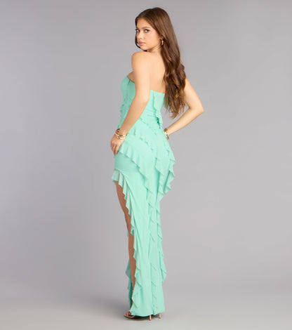 Gabby Formal Mesh Strapless Ruffle Long Dress