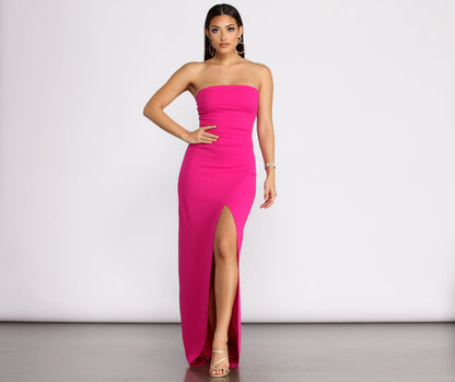 April Front Slit Strapless Crepe Dress