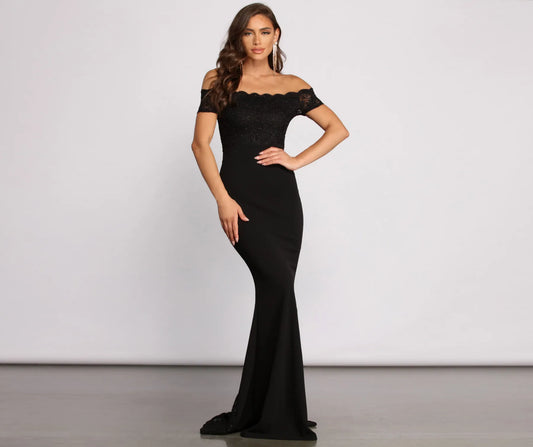 Sierra Formal Off the Shoulder Glitter and Lace Dress