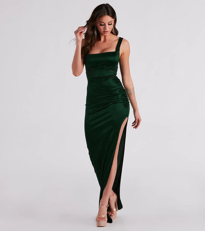 Lia Ruched Satin High Slit Formal Dress