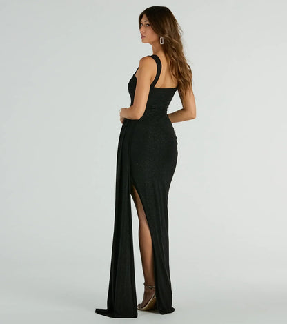 Carolyn Cowl Neck Glitter Formal Dress With Train