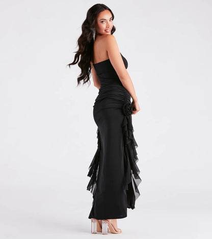 Kenna Rosette Applique Ruffled Formal Dress