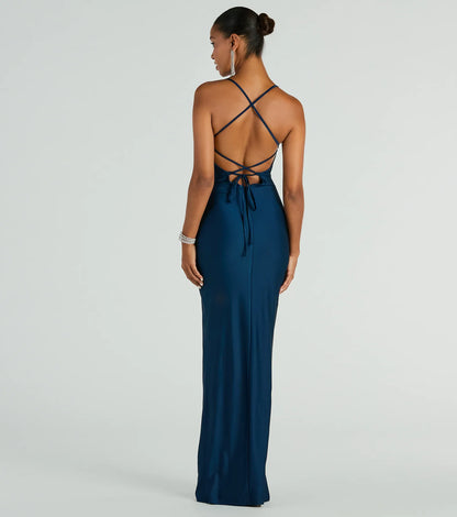 Natalie Cowl Neck Lace-Up Slit Column Dress