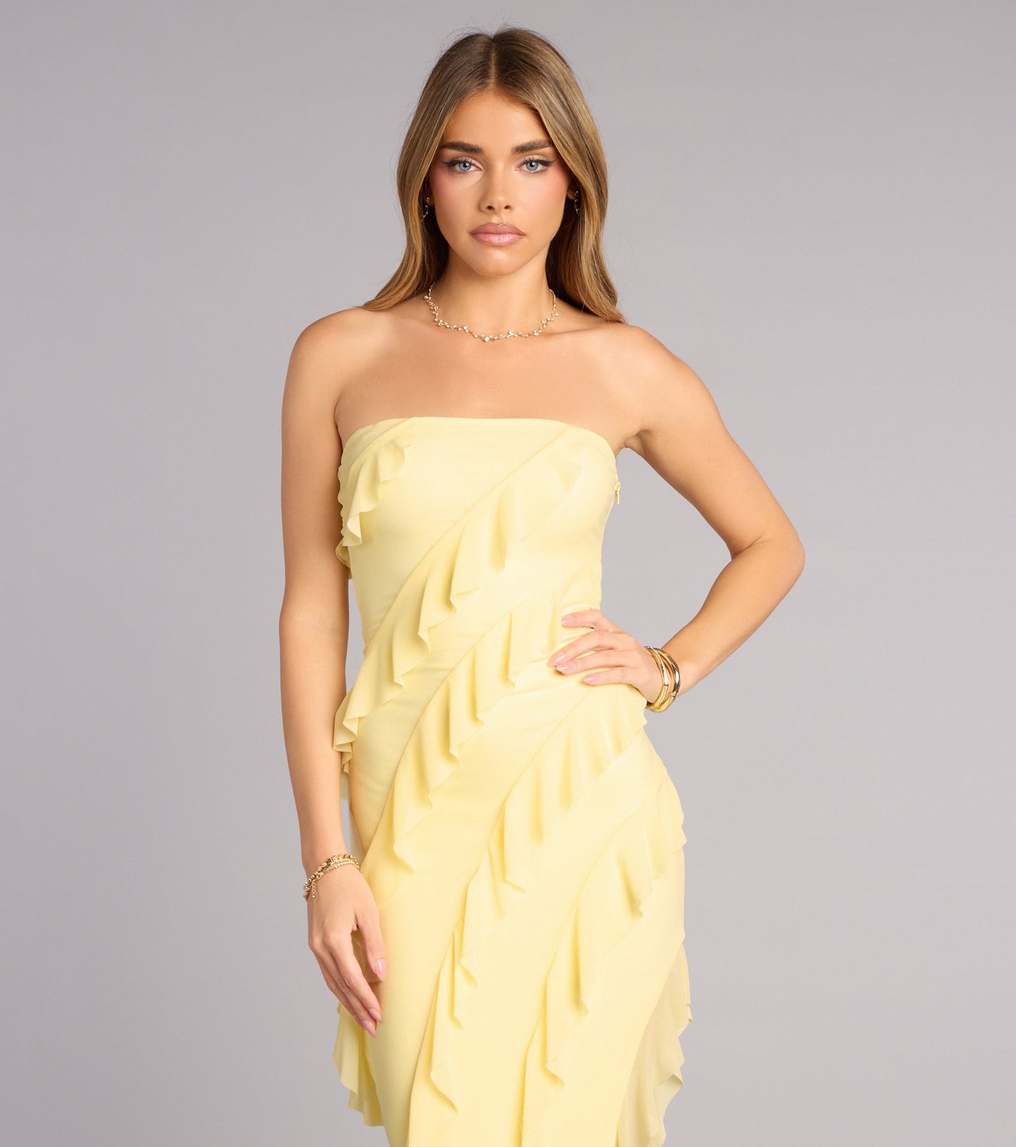 Gabby Formal Mesh Strapless Ruffle Long Dress