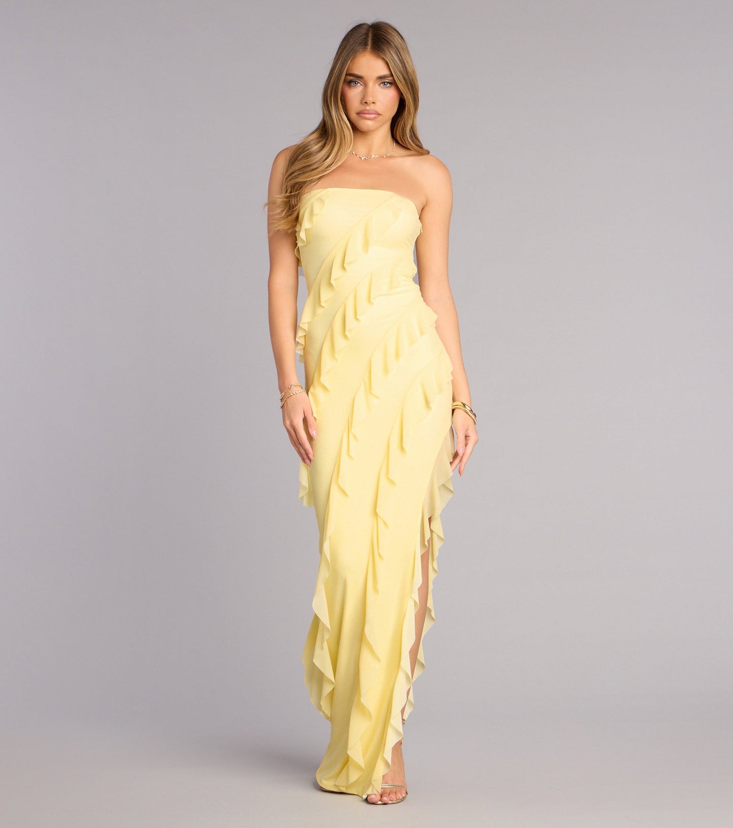 Gabby Formal Mesh Strapless Ruffle Long Dress