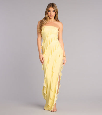 Gabby Formal Mesh Strapless Ruffle Long Dress