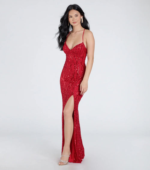 Mckenna Lace-Up Slit Sequin Beaded Formal Dress