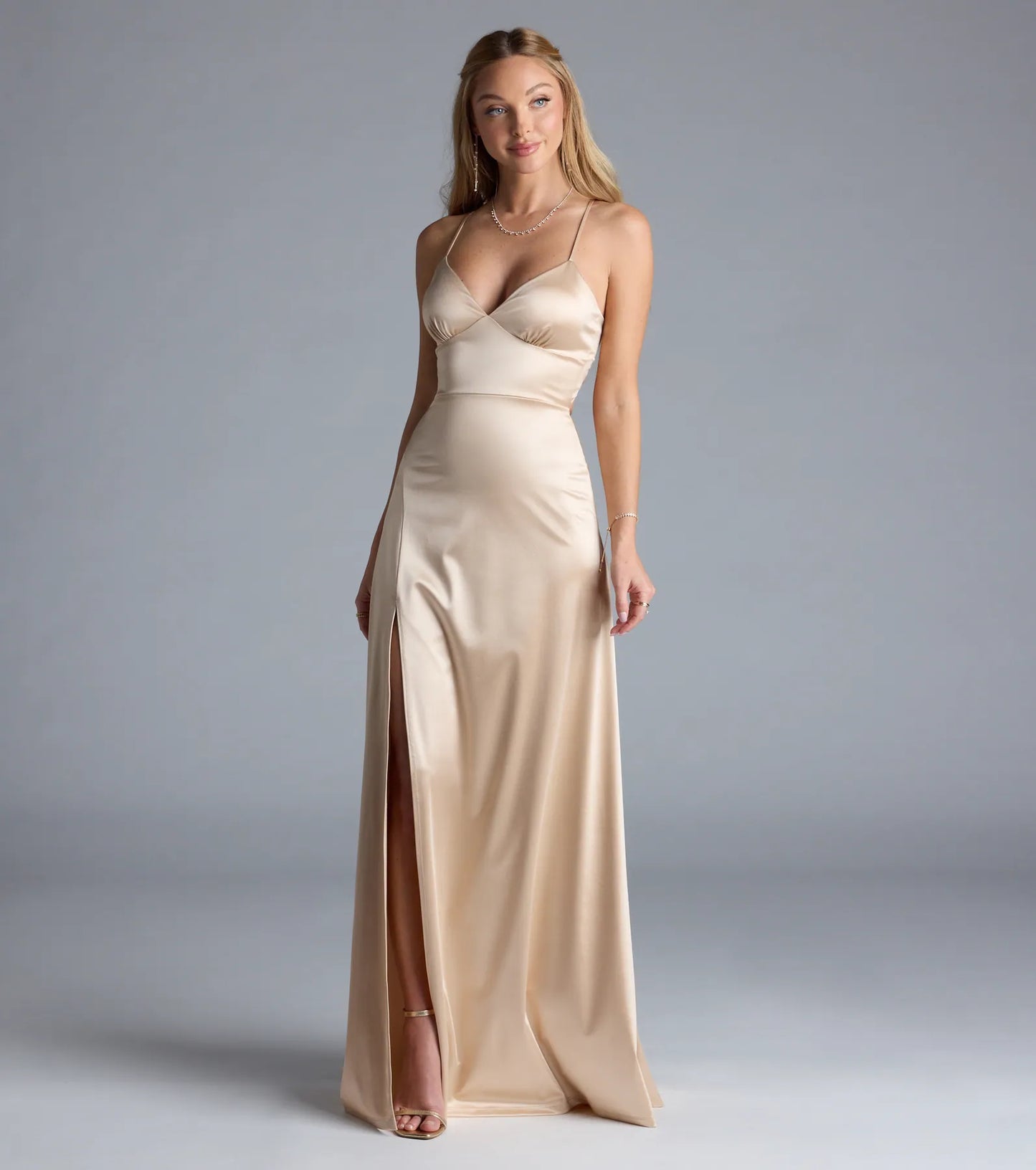 Lynnea Lace-Up Slit A-Line Satin Formal Dress