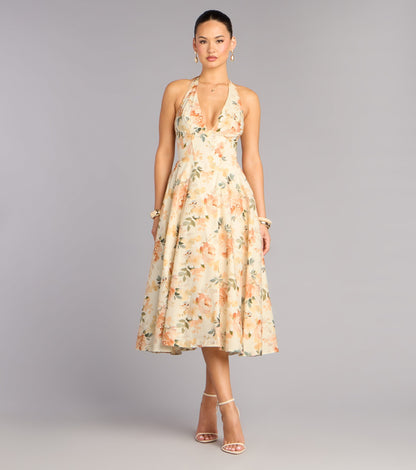 Set For Spring Halter Corset Floral Midi Dress