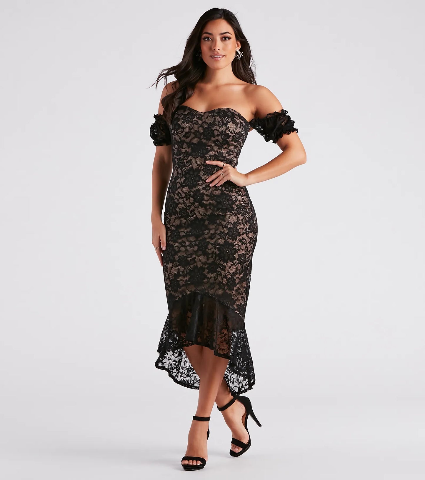 Elegant Miss Lace High Low Midi Dress
