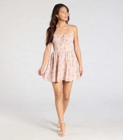 Twirling Beauty Halter Floral Skater Dress