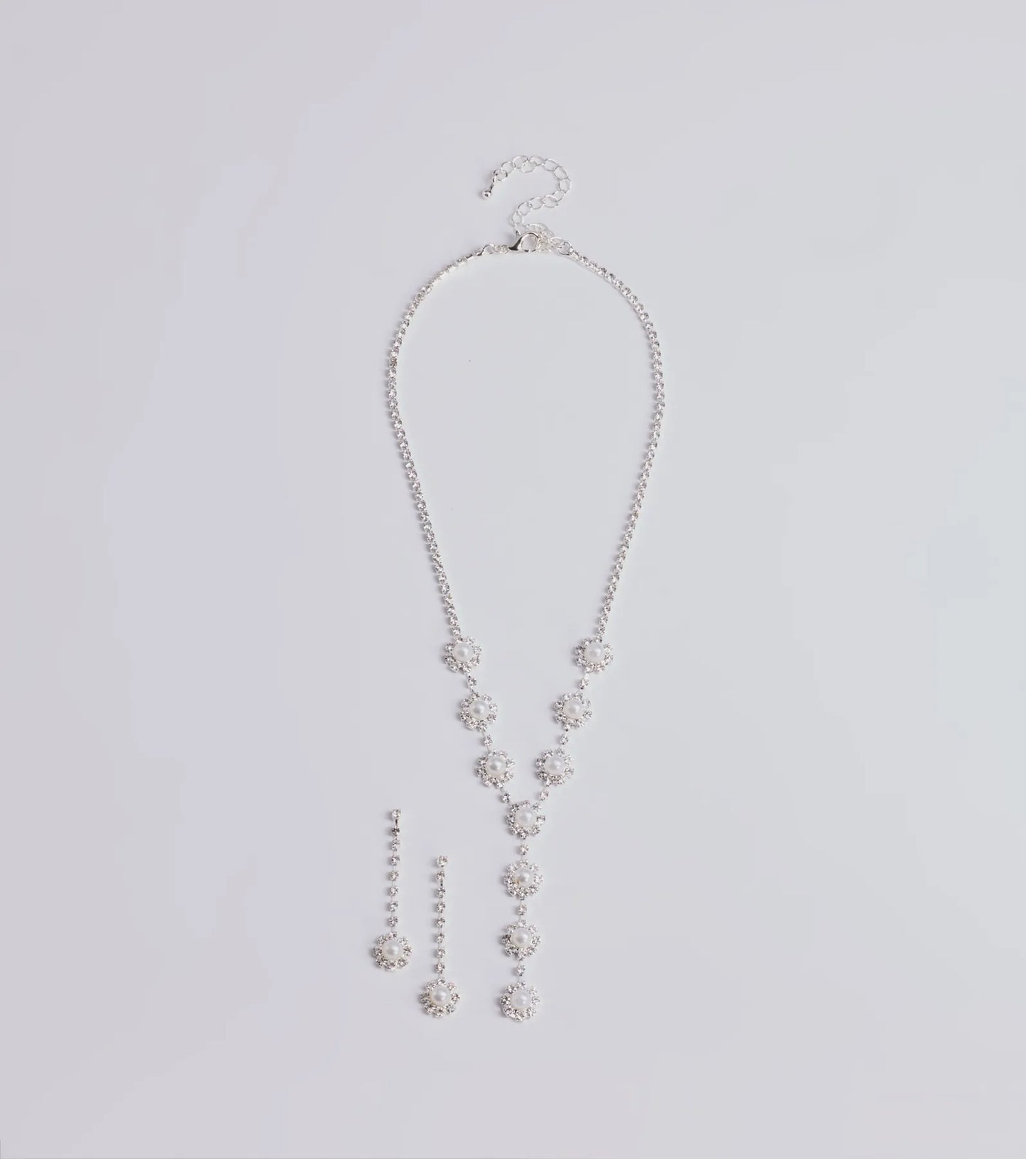 Truly Glam Rhinestone and Pearl Lariat Necklace Set