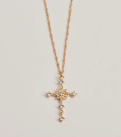 Dainty Glam Rhinestone Cross Pendant Necklace
