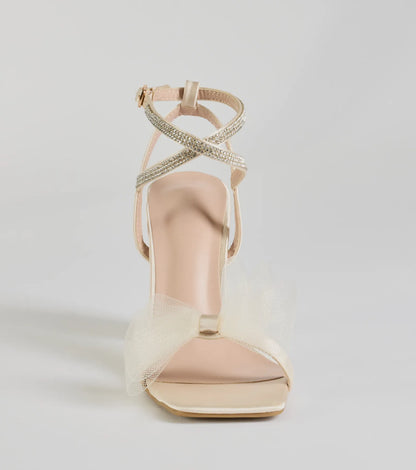 So Lovely Bow Rhinestone Satin Block Heels