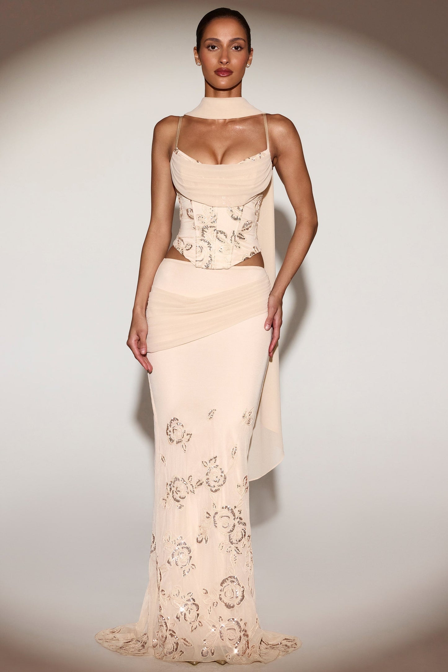 Embellished Draped Mid-Rise Maxi Skirt in Gold