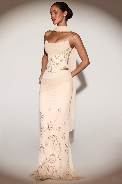 Embellished Draped Mid-Rise Maxi Skirt in Gold