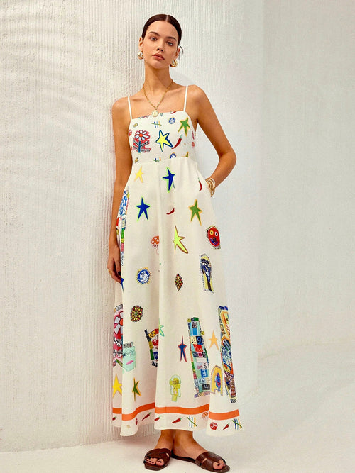 Adjustable Strap Print Dress With Pockets