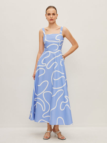 Abstract Line Print Square Strap Dress