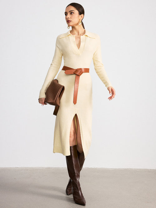 Collared Split-Hem Belted Knit Midi Dress