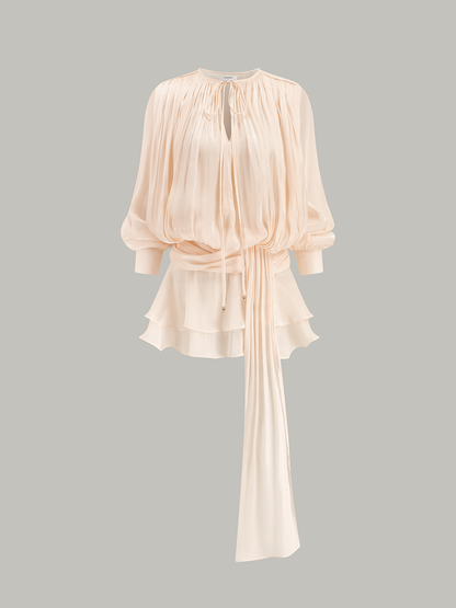 Semi-Sheer Tiered Draped Tie-Waist Mini Dress