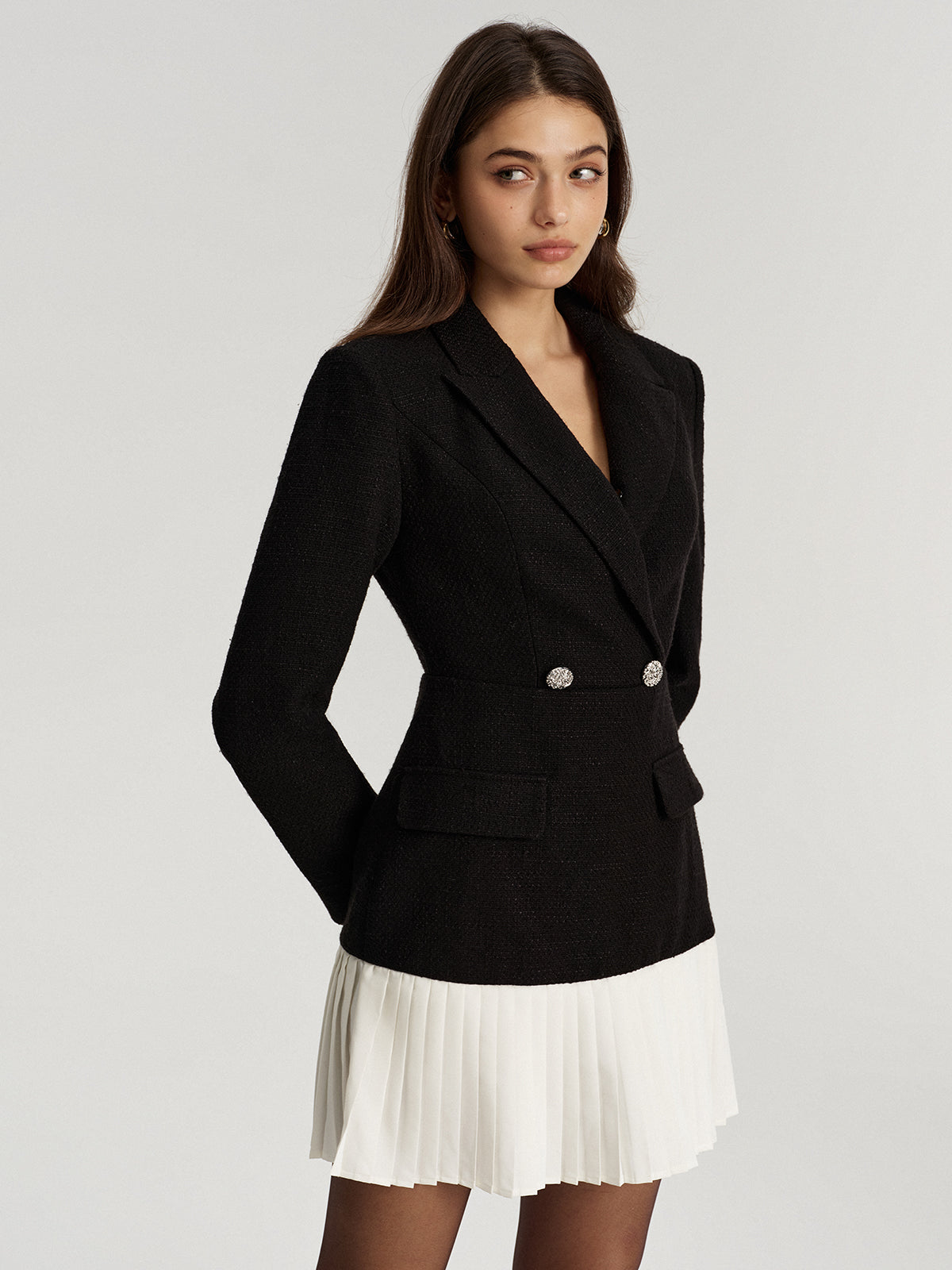 Tweed Double Breasted Pleated Hem Blazer Dress