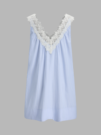 Striped Lace Trim V-Neck Mini Dress