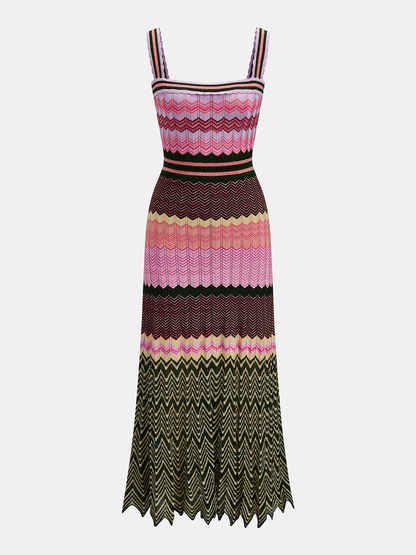 Square Neck Colorful Chevron Knit Midi Dress