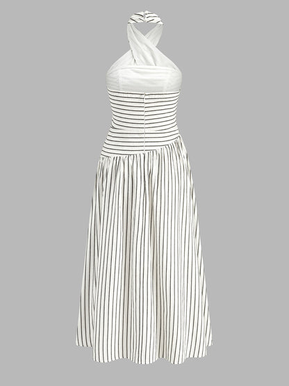 Crisscross Halter Striped Cotton Maxi Dress
