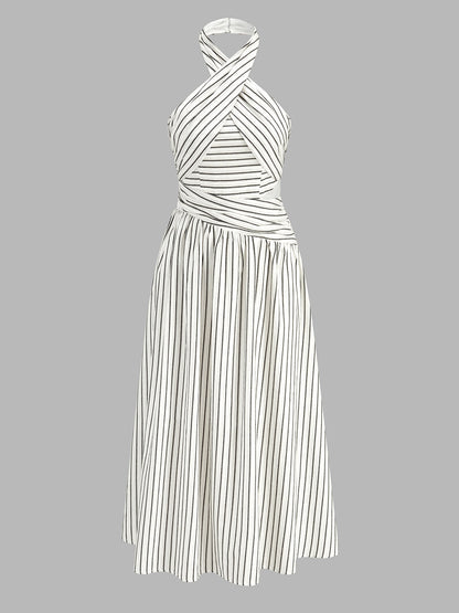 Crisscross Halter Striped Cotton Maxi Dress
