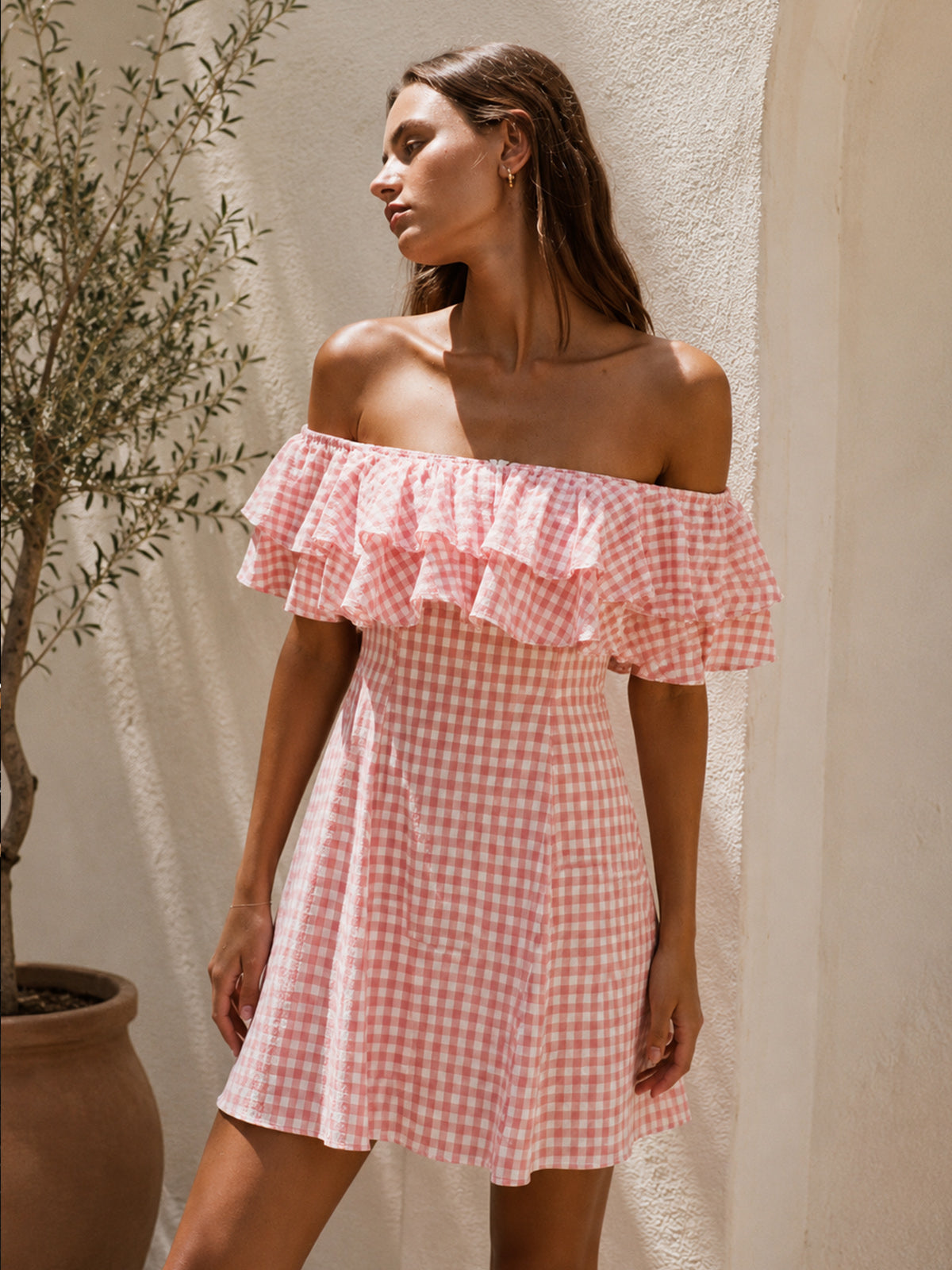 Off Shoulder Ruffle Gingham Mini Dress