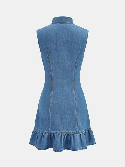 Tie Collar Sleeveless Ruffle Denim Mini Dress