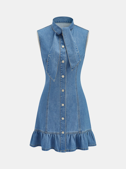 Tie Collar Sleeveless Ruffle Denim Mini Dress