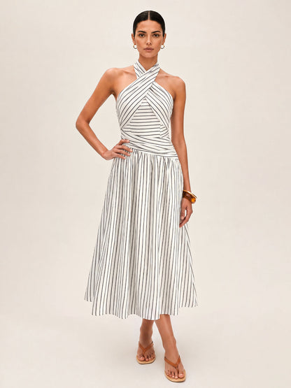 Crisscross Halter Striped Cotton Maxi Dress