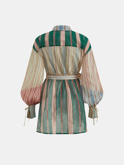 Colorful Stripe Wrap Tie Waist Shirt Dress