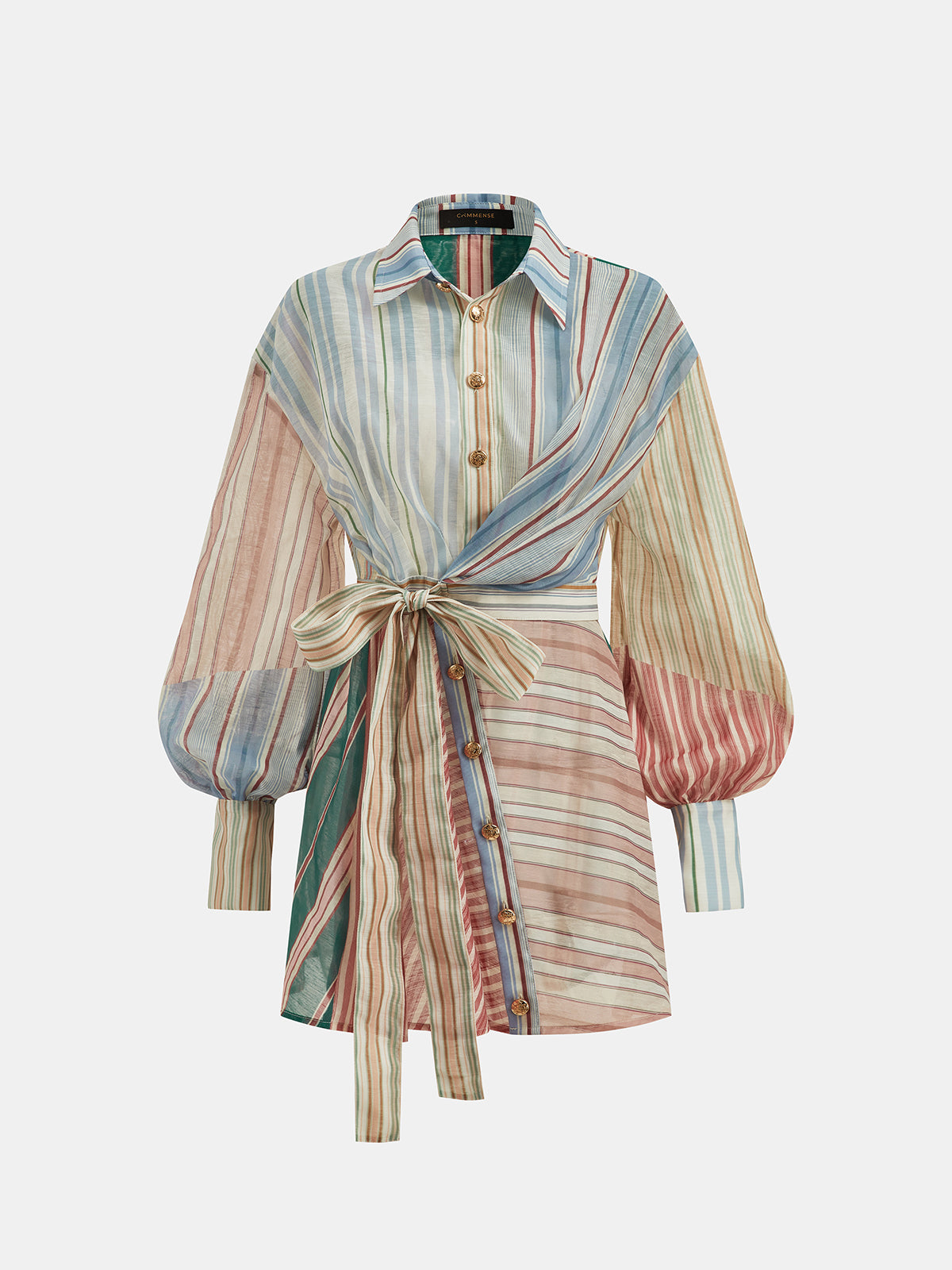 Colorful Stripe Wrap Tie Waist Shirt Dress