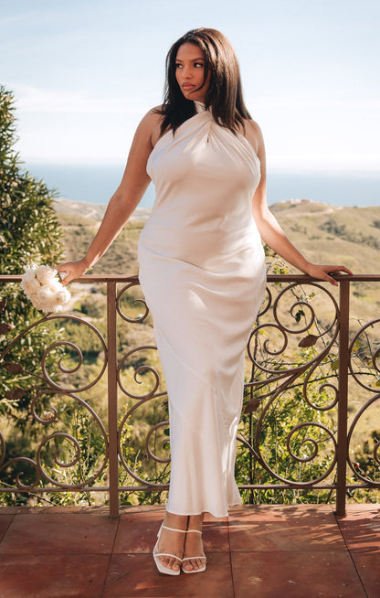Jasmine Halter Maxi Dress ~ Ivory Luxe Satin